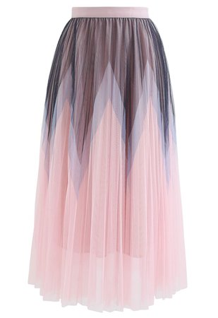 Zigzag Double-Layered Pleated Tulle Midi Skirt in Pink - Retro, Indie and Unique Fashion
