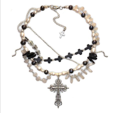 cross beaded pearl black white necklace