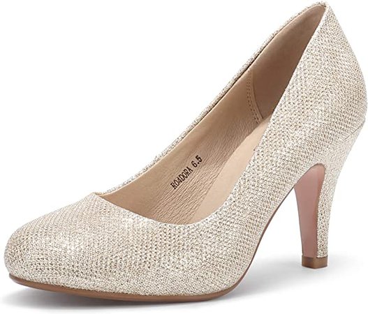IDIFU Women's Dora Classic Round Closed Toe Slip On High Heels Pumps Party Wedding Dressy Shoes