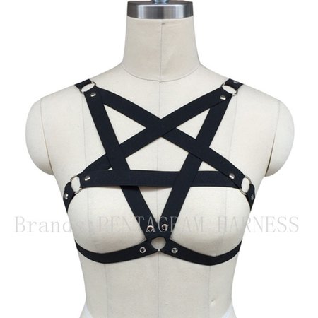 ᐂWomens Sexy Body Harness Lingerie Pentagram Bondage Cage Bra Black Elastic Adjust Strappy Crop Tops Bdsm Goth Punk Exotic Bra - a663