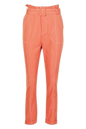 Contrast Stitch Belted Paperbag Waist Trouser | Boohoo