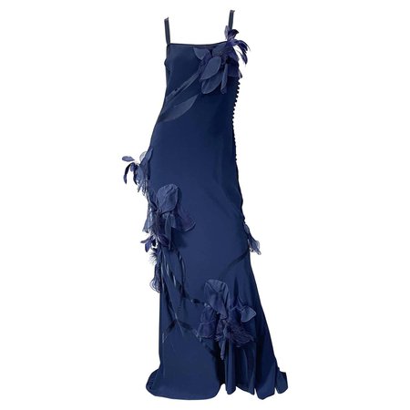 NWT John Galliano Size 10 Early 2000s Navy Blue Feather Silk / Satin Gown Dress For Sale at 1stDibs