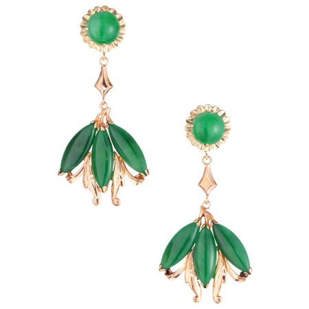 GIA Certified Natural Omphacite Jadeite Jade Gold Dangle Chandelier Earrings For Sale at 1stDibs