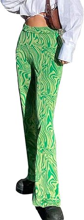Alyweatry Women Y2k High Waist Fashion Pants Tie Dye Print Flared Trousers Straight Leg Streetwear Baggy Sweatpants, Small, Green at Amazon Women’s Clothing store