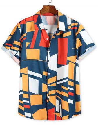 Color Blocking Geometric Print Button Up Vacation Shirt In MULTI | ZAFUL United Kingdom..