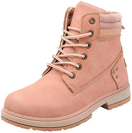 DADAWEN Women's Round Toe Waterproof Lace up Work Combat Boots Low Heel Ankle Booties Pink US Size 8.5 | Ankle & Bootie