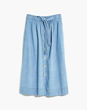Tie Palisade Button-Front Midi Skirt in Chambray blue