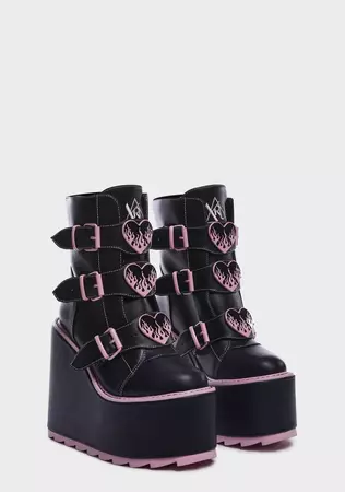 YRU Flame Heart Buckle Platform Boots - Black/Pink – Dolls Kill