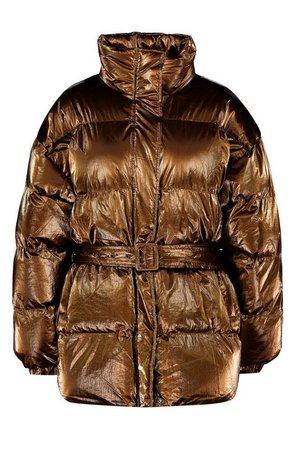 Pearlescent Belted Puffer Jacket | Boohoo bronze