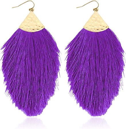 Amazon.com: Bohemian Silky Thread Fan Fringe Tassel Statement Earrings - Lightweight Strand Feather Shape Dangles (Feather Fringe - Purple): Clothing, Shoes & Jewelry