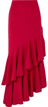 Poppy Asymmetric Ruffled Crepe Maxi Skirt - Red