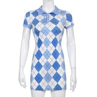 Cincine Cap-Sleeve Argyle Print Mini Bodycon Polo Dress | YesStyle