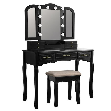VEIKOUS Makeup Vanity Desk Set with Three Mirror and Bench Stool, 10 LED Lights and 7 Drawers, Black in the Makeup Vanities department at Lowes.com