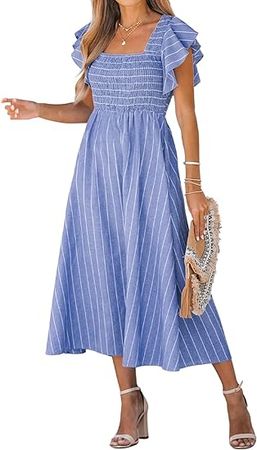Amazon.com: CUPSHE Women's Square Neck Striped Smocked Dress Ruffled Cap Sleeves Dress A Line Maxi Dress : Clothing, Shoes & Jewelry