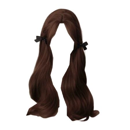 long red brown hair half up half down pigtails black bows hairstyle
