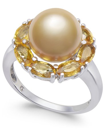 Macy's Sterling Silver Cultured Golden South Sea Pearl & Yellow Sapphire Ring