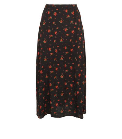 Black Rose Side Split Midi Skirt | New Look
