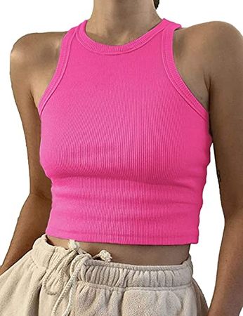 Artfish Women Casual Basic Sleeveless High Neck Rib-Knit Y2k Crop Tank Top at Amazon Women’s Clothing store