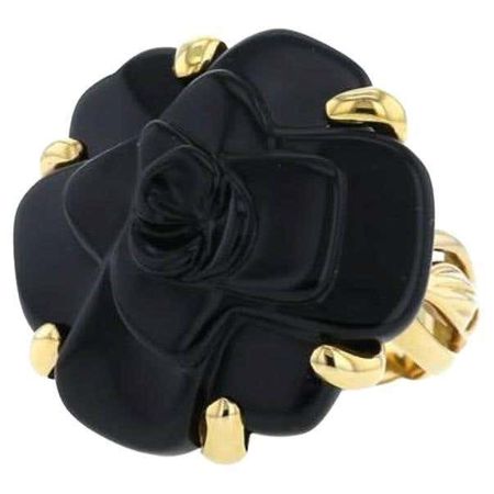 Chanel 18k Gold Black Onyx Camelia Cocktail Ring
