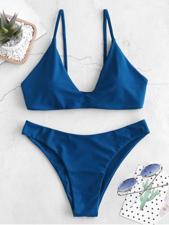[43% OFF] [POPULAR] 2020 ZAFUL Tie Bralette Bikini Set In BLUEBERRY BLUE | ZAFUL