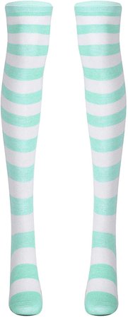 YOOJIA Women Girls Striped Thigh High Socks Anime Preppy Stocking Over Knee Long Socks Leg Warmer for Cosplay Party Club Light Green One Size at Amazon Women’s Clothing store