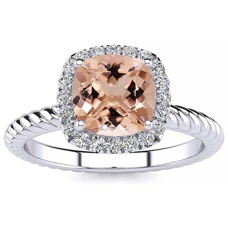 1.50ct Peachy Pink Cushion Morganite on Rose Gold Braided Setting with Diamond Halo Engagement Ring