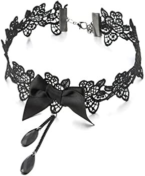Amazon.com: COOLSTEELANDBEYOND Gothic Victorian Nostalgic Women Black Lace Bow Choker Necklace with Black Chain Beads Charm Pendant: Clothing