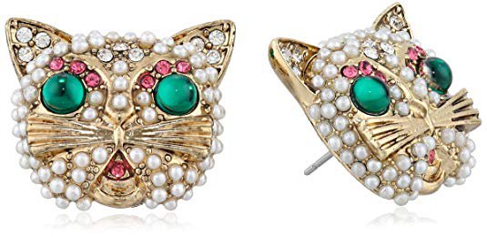 Betsey Johnson Gold-Tone Faux Pearl and Crystal Cat Button Stud Earrings: Clothing