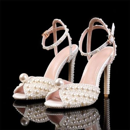 Amazon.com | CORNMOOD Pearl Heels for Bride Bridal Wedding Shoes Open Toe White Block Heels for Women with Ankle Strap Stiletto Heel | Shoes