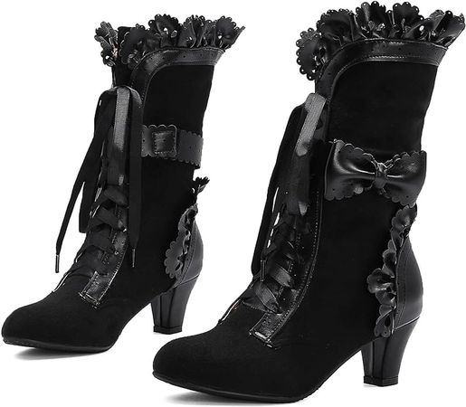 Amazon.com: LanreyTaley Women Sweet Bow Boots Mid Heels Lace Up Victorian boots Mid Calf Kawaii Boot : Everything Else