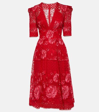 Floral Lace Midi Dress in Red - Elie Saab | Mytheresa