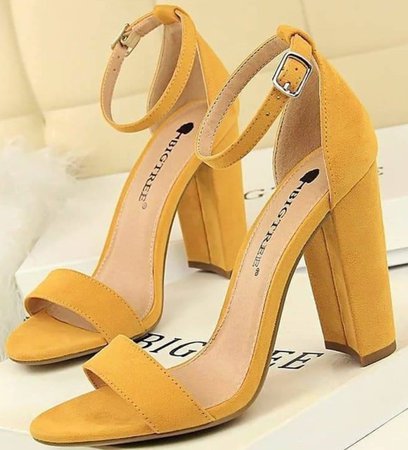 mustard yellow chunky heel open toe heels