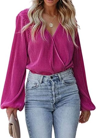 CUPSHE Women Peasant Sleeve Velvet Tops Casual Loose Fit V Neck Solid Ruched Blouse at Amazon Women’s Clothing store