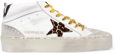 Hi Mid-star Distressed Leather, Suede And Leopard-print Calf Hair Sneakers - White