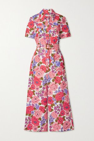 Poppy Belted Floral-print Linen Jumpsuit - Pink
