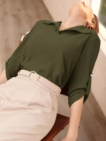 Roll-up Sleeve Solid Blouse | SHEIN USA