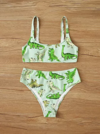 Dinosaur Pattern High Waisted Bikini Swimsuit | SHEIN USA