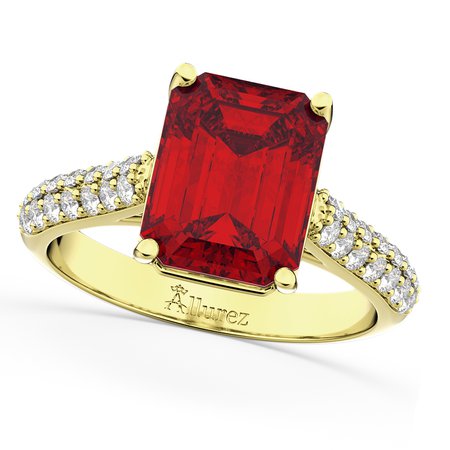Emerald-Cut Ruby & Diamond Engagement Ring 14k Yellow Gold 5.54ct - AD1754