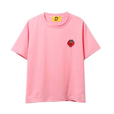 GIGA Summer Women Harajuku Pink Fruit Embroidery Cute Strawberry Casual T Shirt at Amazon Women’s Clothing store