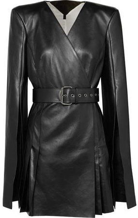 Belted Leather Wrap-effect Mini Dress - Black