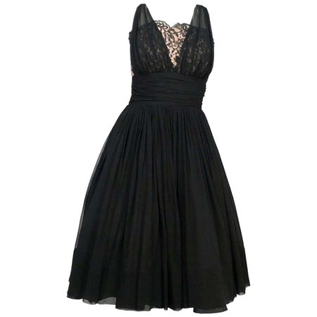 1950s Black Silk Chiffon Cocktail Dress