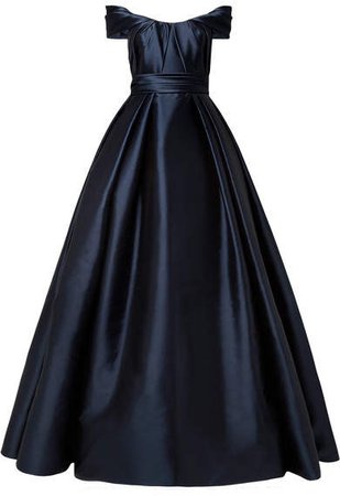 Reem Acra - Draped Off-the-shoulder Satin Gown - Navy