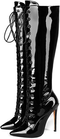 *clipped by @luci-her* Knee-High Boots Lace Up High Heeled Stiletto Boot Black-Patent