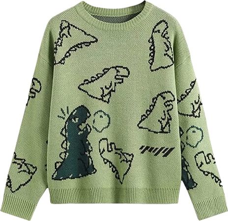 Women Dinosaur Print Knit Sweater Aesthetic Harajuku Oversized Pullover E Girl Streetwear Preppy Sweater (White, Small) at Amazon Women’s Clothing store