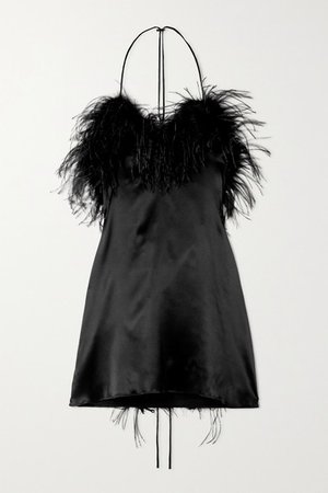 Asymmetric Feathered-trimmed Stretch-silk Satin Mini Dress - Black