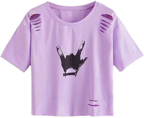 SweatyRocks Women's Short Sleeve T Shirt Graphic Print Distressed Crop Top Gesture Light Pink Medium at Amazon Women’s Clothing store