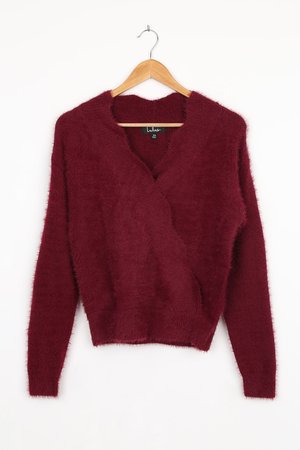 Burgundy Sweater - Cozy Knit Top - Surplice Neckline Sweater - Lulus