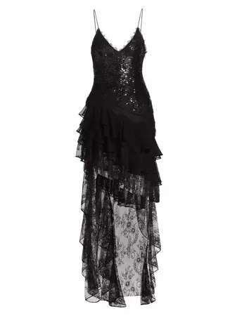 Shop Alice + Olivia Nelia Sequin Lace High-Low Maxi Dress | Saks Fifth Avenue