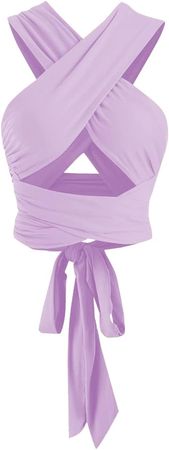 ZAFUL Ribbed Halter Crop Top Ruched Lace-up Cropped Cami Bandana Top Stitching Cropped Tank Top Purple at Amazon Women’s Clothing store