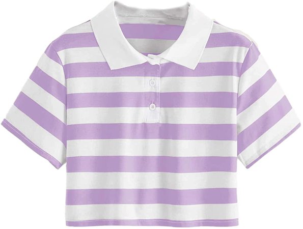 SweatyRocks Women's Collar Half Button Short Sleeve Rainbow Striped Crop Top T-Shirt Multi Large at Amazon Women’s Clothing store